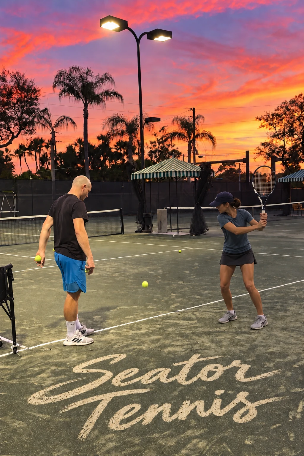 Seator Tennis painted on a court beneath Ed coaching a young player at sunset