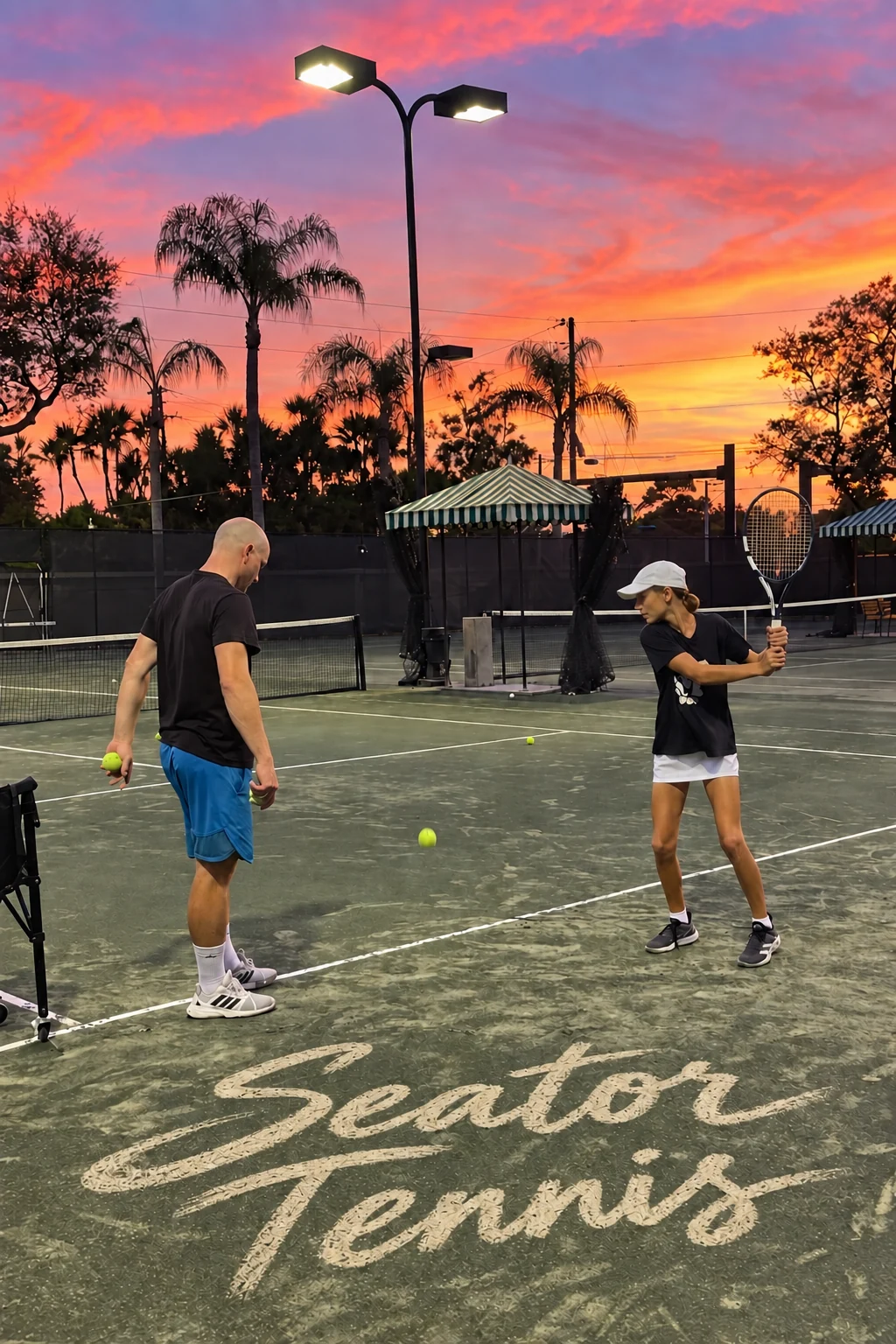 Seator Tennis painted on a court beneath Ed coaching a young player at sunset